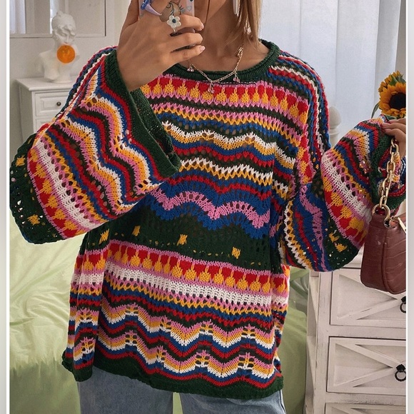 Oversized Chevron Pattern Open Drop Shoulder Sweater - Picture 2 of 10